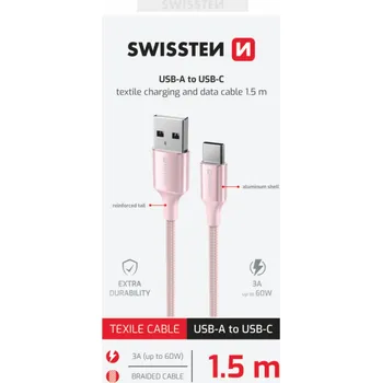 Datový kabel Swissten DATOVÝ KABEL TEXTILE II USB / USB-C 1,5 M RŮŽOVÝ