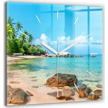 Hodiny Skleněné nástěnné hodiny do kanceláře s motivem Krásná pláž v Thajsku 60x60 cm