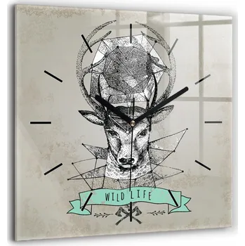 Hodiny Čtvercové skleněné nástěnné hodiny do obýváku s motivem jelení hlavy 60x60 cm