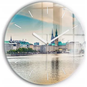 Hodiny Čtvercové Skleněné Nástěnné Hodiny s motivem Binnenalster v Hamburku fi30 cm