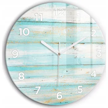 Hodiny Skleněné foto hodiny na zeď Modrá prkna kulatý bílé ručičky průměr 60 cm