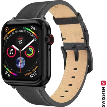 Řemínek na hodinky Swissten ŘEMÍNEK PRO APPLE WATCH KOŽENÝ 42 / 44 / 45 / 49 MM ČERNÝ (ČERNÁ SPONA A ČERNÉ POUTKO)