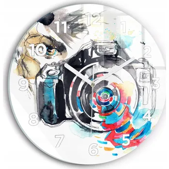 Hodiny Moderní skleněné hodiny s grafikou na zeď Žena fotografka kulatý průměr 30 cm