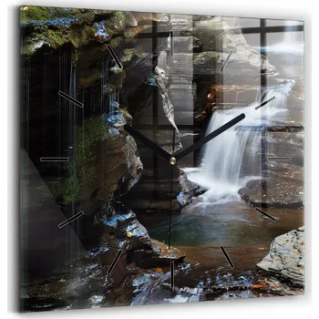 Hodiny Skleněné hodiny s tichým mechanismem, nástěnné, motiv Island: Vodopád a skály, 30x30 cm