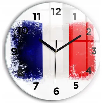 Hodiny Moderní skleněné nástěnné hodiny s potiskem Francouzská vlajka kulatý průměr 30 cm