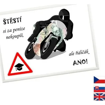 Žertovný předmět Rámeček na darování peněz - Autoškola - motorka, Nápis česky, Rámeček 100 - bílá