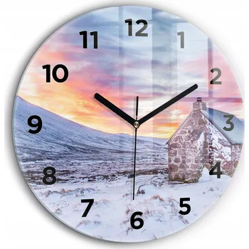 Hodiny Kulatý Skleněné Nástěnné Hodiny Do Kanceláře S Potiskem Chata v horách průměr 60 cm