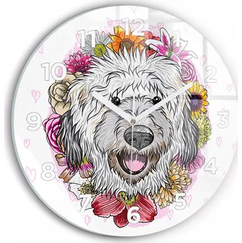 Hodiny Čtvercové Skleněné Foto Hodiny na Zeď Šťastný pejsek v květinách fi30 cm