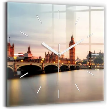 Hodiny Nástěnné čtvercové skleněné hodiny do kanceláře Big Ben panorama Londýna 30x30 cm