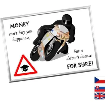 Žertovný předmět Rámeček na darování peněz - Autoškola - motorka, Nápis anglicky, Rámeček 907 - stříbrná metalická