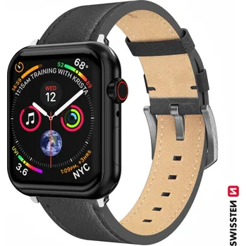 Řemínek na hodinky Swissten ŘEMÍNEK PRO APPLE WATCH KOŽENÝ 42 / 44 / 45 / 49 MM ČERNÝ (STŘÍBRNÁ SPONA A STŘÍBRNÉ POUTKO)
