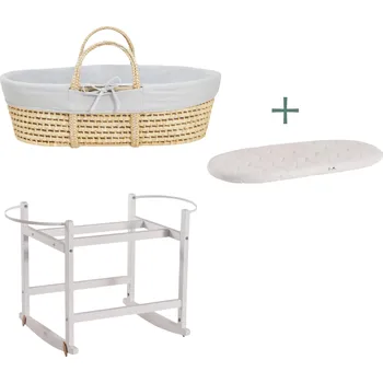 košík pro miminko Ahojbaby sada Mojžíšův košík pro miminko Corn s houpacím stojanem White, šedým potahem + matrací zdarma