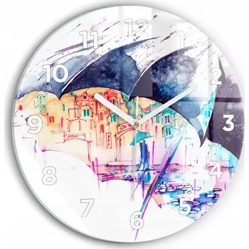 Hodiny Moderní skleněné hodiny s grafikou na zeď Déšť, deštník a město fi30 cm