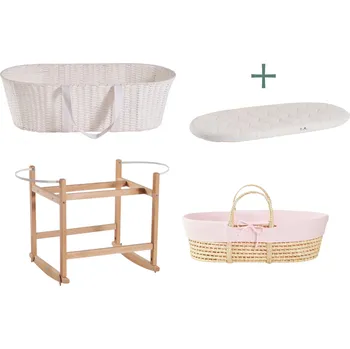 košík pro miminko Ahojbaby sada Mojžíšův košík pro miminko Paper Dream s houpacím stojanem transparent bezbarvý lak, růžovým potahem + matrací zdarma