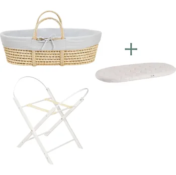 košík pro miminko Ahojbaby sada Mojžíšův košík pro miminko Corn Natural se skládacím stojanem White, šedým potahem + matrací zdarma