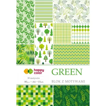 Blok Happy Color Blok se vzorovanými papíry GREEN, 80g/m2, A4, 15 listů, 30 vzorů