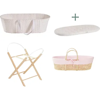 košík pro miminko Ahojbaby sada Mojžíšův košík pro miminko Paper Dream se skládacím stojanem natural, růžovým potahem + matrací zdarma