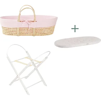 košík pro miminko Ahojbaby sada Mojžíšův košík pro miminko Corn Natural se skládacím stojanem White, růžovým potahem + matrací zdarma