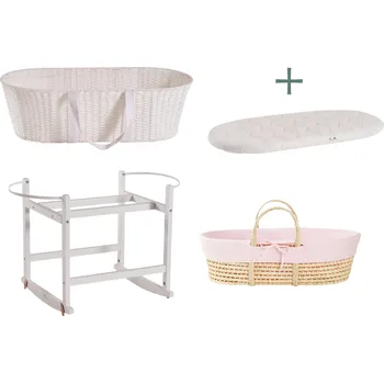 košík pro miminko Ahojbaby sada Mojžíšův košík pro miminko Paper Dream s houpacím stojanem White, růžovým potahem + matrací zdarma