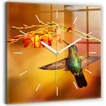 Hodiny Čtvercové Skleněné Nástěnné Hodiny do Kanceláře se Vzorem Kolibřík pták 30x30 cm