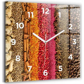 Hodiny Čtvercové Skleněné Nástěnné Hodiny do Kanceláře s Motivem Řady Koření 30x30 cm