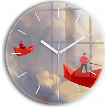 Hodiny Minimalistické Skleněné Nástěnné Hodiny s S Potiskem Papírové Lodě fi60 cm