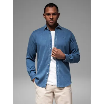 Pánská džínová košile s lyocellem a výšivkou na hrudi - modrá V2 OM-SHDS-0180 - XXL