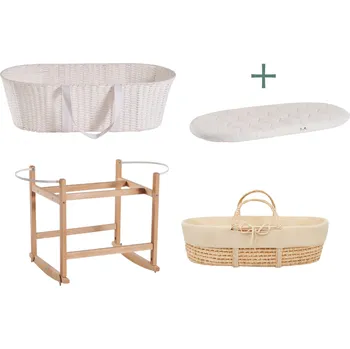 košík pro miminko Ahojbaby sada Mojžíšův košík pro miminko Paper Dream s houpacím stojanem transparent bezbarvý lak, béžovým potahem + matrací zdarma