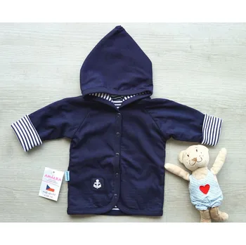 Kojenecká bunda AMÁLKA Bavlněný, dvojitý kabátek, tmavě modrý, pruhy, kotvička Velikost: 74-80