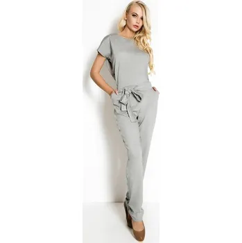 Dámský overall Elegantní světle šedý overal s mašlí v pase - XXL