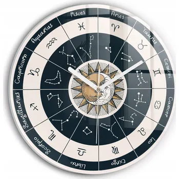 Obraz Tichá nástěnná skleněná hodina Zvěrokruhy bílé ručičky průměr 30 cm