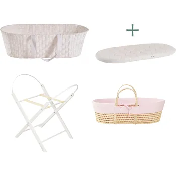 košík pro miminko Ahojbaby sada Mojžíšův košík pro miminko Paper Dream se skládacím stojanem White, růžovým potahem + matrací zdarma
