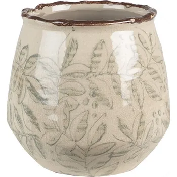 Obal na květináč Béžový keramický obal na květináč se zelenými obrysy listů a nepravidelným okrajem – 14x13 cm