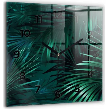 Hodiny Minimalistické skleněné nástěnné hodiny s motivem tropických listů 60x60 cm