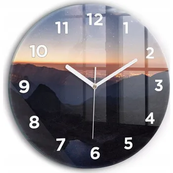 Hodiny Nástěnné čtvercové skleněné hodiny do obýváku Hory při západu slunce fi30 cm