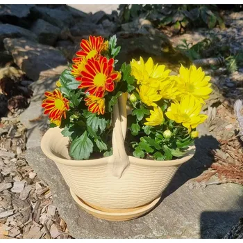 Keramický košík na květiny - květináč (obal) - světlý Velikost: 20 cm s miskou