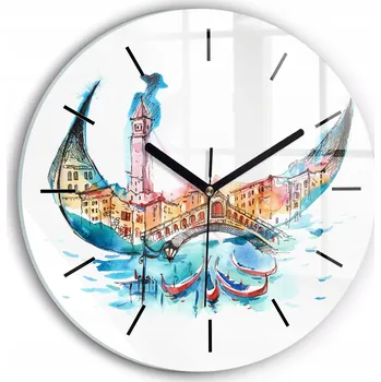 Hodiny Skleněné nástěnné hodiny do kanceláře s motivem Itálie - Benátská gondola průměr 30 cm
