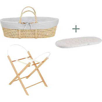 košík pro miminko Ahojbaby sada Mojžíšův košík pro miminko Corn Natural se skládacím stojanem Transparent, šedým potahem + matrací zdarma