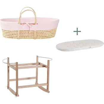 košík pro miminko Ahojbaby sada Mojžíšův košík pro miminko Corn s houpacím stojanem Transparent, růžovým potahem + matrací zdarma