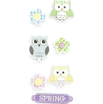 samolepka dpCraft Brokátové 3D samolepky – jarní sovy, 7 ks
