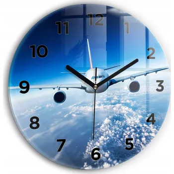 Hodiny Moderní skleněné nástěnné hodiny s potiskem Letadlo Oblaka kulatý průměr 30 cm