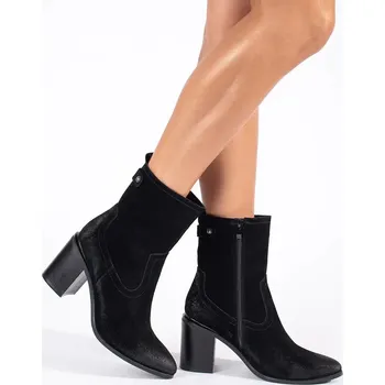 Dámská treková obuv Černé kožené dámské kotníkové boty na sloupku Sergio Leone, podpatek 8 cm BT677-S-B Velikost: 39