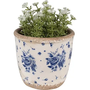 Obal na květináč Béžový keramický obal na květináč s modrými růžemi Blue Rose XS - Ø 11*10 cm
