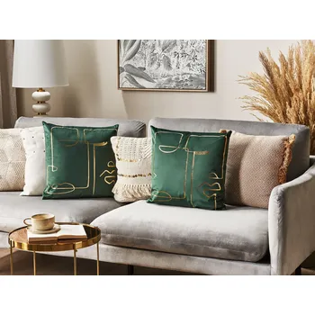 Bytová dekorace Sada 2 dekorativních polštářů zelené sametové 45 x 45 cm zlatý potisk motiv tváře elegantní design Beliani