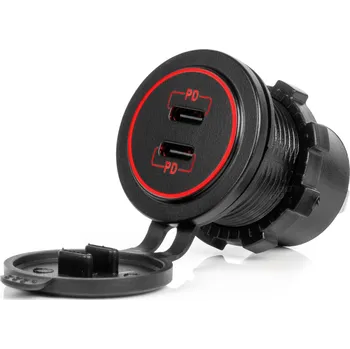 Vodotěsná nabíječka s ČERVENÍM LED podsvícením 2xUSB C 12/24V AMiO-04223, , ,