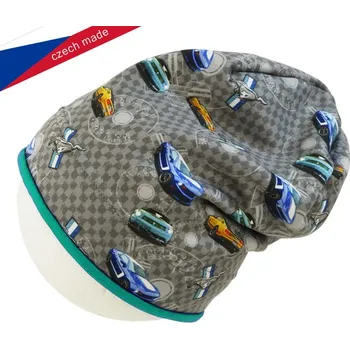 Čepice Chlapecká přechodová podzimní/jarní/zimní čepice Rockino - šedá auta,zelený lem