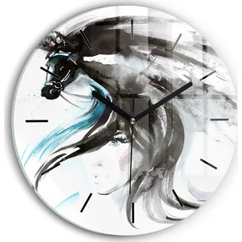 Hodiny Moderní skleněné hodiny s grafikou na zeď Abstrakce kůň a žena fi30 cm