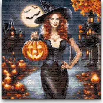 Diamantové malování Diamantové malování - Čarodějka s dýní Velikost: 50x50cm, Rámování: Pouze srolované plátno, Diamanty: Čtvercové