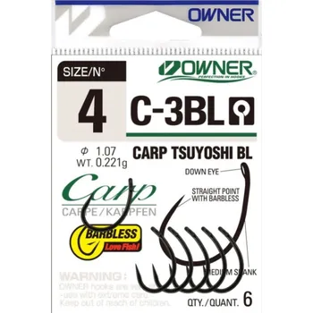 Rybářský háček OWNER C-3BL Carp Tsuyoshi Barbless VELIKOST: 6, Balení: 7