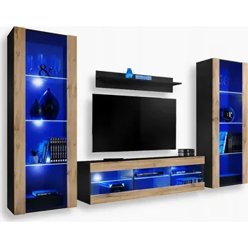 Obývací stěna Komodee Tivoli Grande Obývací stěna / TV stolek Černá-Dub Wotan Modré LED osvětlení